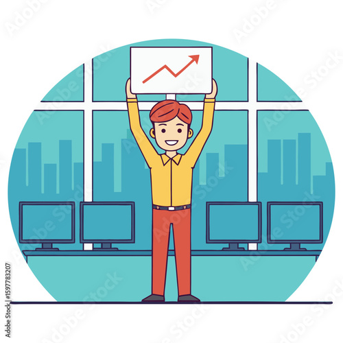 Man holding up a successful growth chart in an office setting