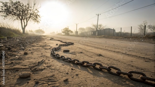 Scattered Broken Chains on a Dirt Road at Dawn, Haunting View Through Hazy Sunlight