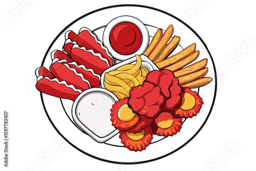 Appetizer platter with dipping sauces and fries