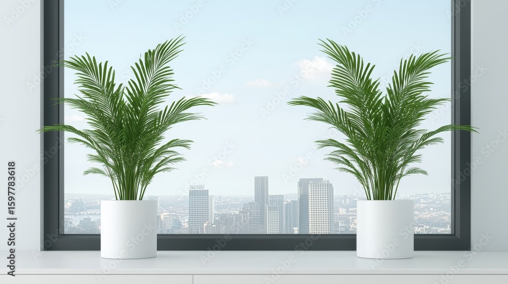 Fototapeta premium Lush Green Plants by Large Window Overlooking City Skyline