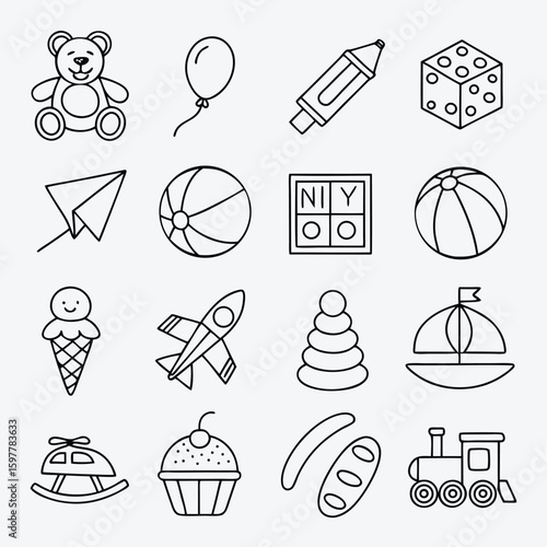 Collection of children s toys and games hand drawn icons isolated on white background