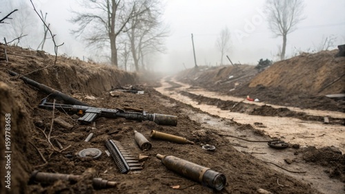 Desolate Battlefield Scene, Scattered Weapon Parts, Muddy Trench, Photo, Foggy Environment, Low Angle View, War Aftermath