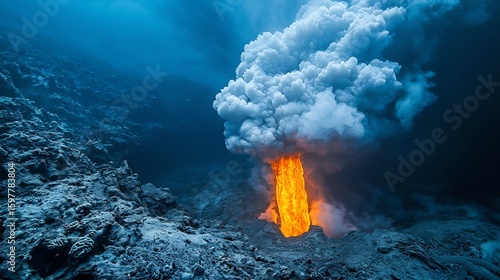 Massive underwater volcanic eruption with glowing lava and large steam plume