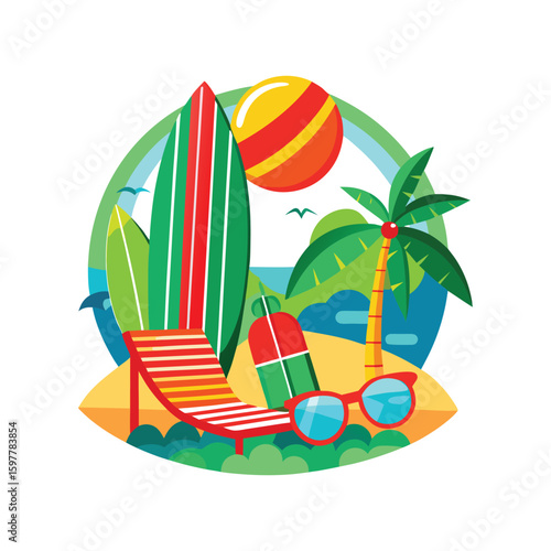 Tropical beach scene with surfboards and lounge chair isolated on white background