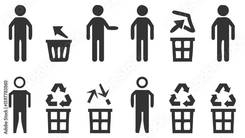 Various Pictograms Depicting People Interacting with Waste and Recycling Bins Symbolizing Concepts of Disposal and Environmental Responsibility in Simple Illustrations