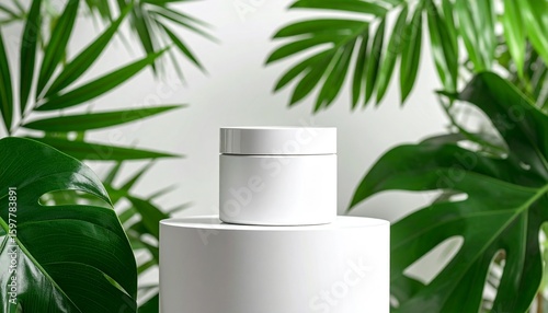 Wallpaper Mural Tarro de crema hidratante blanco sobre pedestal blanco con hojas tropicales Torontodigital.ca