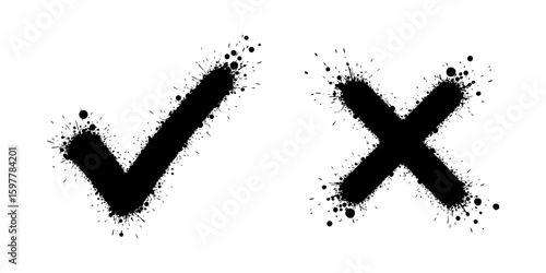 Black check and cross mark with spray paint splatter effect for grunge urban graffiti style design element symbol choice vector icon graphic