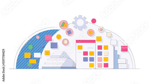 Colorful abstract illustration of project management tools and workflow visualization design elements