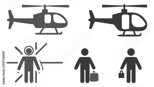 Collection of Transportation and People Icons Depicting Helicopters and Individuals with Briefcases and an Individual with Rays Emanating