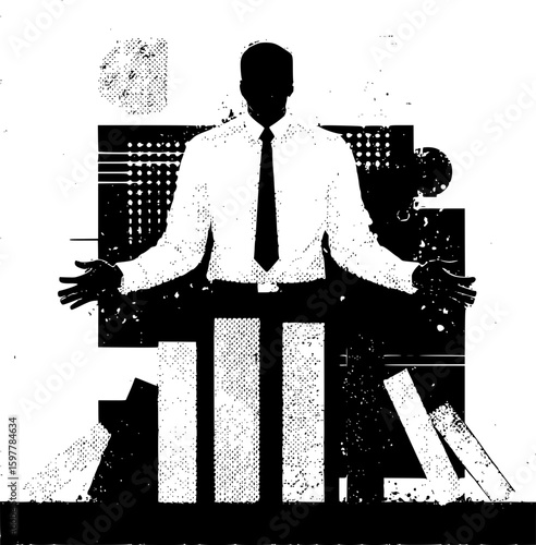 Innovative vector illustration depicting a man halting a cascading domino effect between three slender columns, executed in a bold, minimalist style with flat colors and clean lines