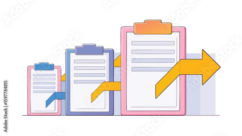 Three clipboards of varying sizes connected by an arrow indicating growth or progression path forward