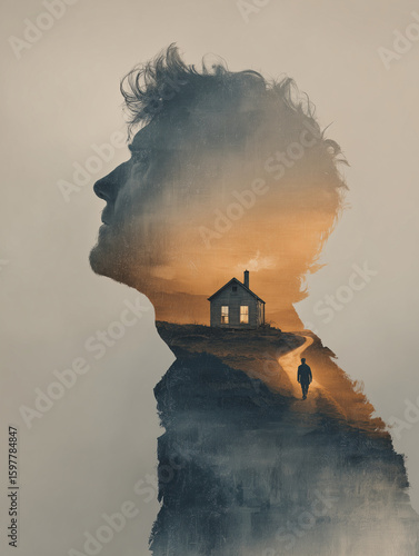 silhouette man with curly hair and house double exposure landscape with glowing path and sunset sky
