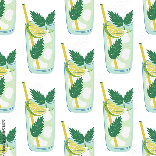 Mojito Cocktail seamless pattern. Simple background with glass of refreshing drink, lime, meant leaves. Cool Summer lemonade or ice tea. Flat design hand drawn vector illustration.
