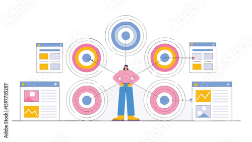 Woman standing with targets and website windows demonstrating strategic planning and analysis view