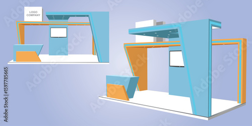 3d stand booth 6x3m digital futuristic decor design syle with blank space logo company and TV screen for preview event exhibition. Vector editable sketch outline drawing coloring.