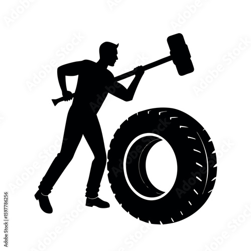 Fitness man swinging sledgehammer in powerful workout silhouette Art Vector illustration
