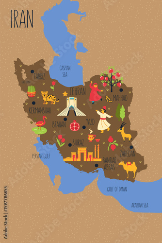 Iran cartoon map vector colorful background, Persian country adventure doodle illustration, Azadi Tower, Persepolis ancient town, children poster design travel wallpaper animal, food for play kid