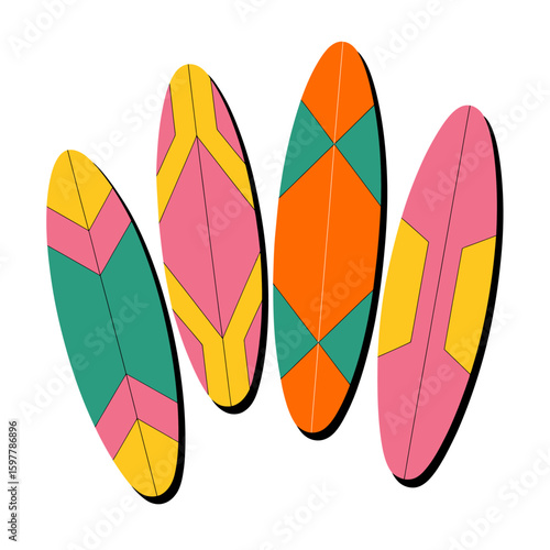 Retro Surfboards A Flat-Lay Illustration of Four Vintage Designs with Vibrant Colors perfect for summery vibes.
