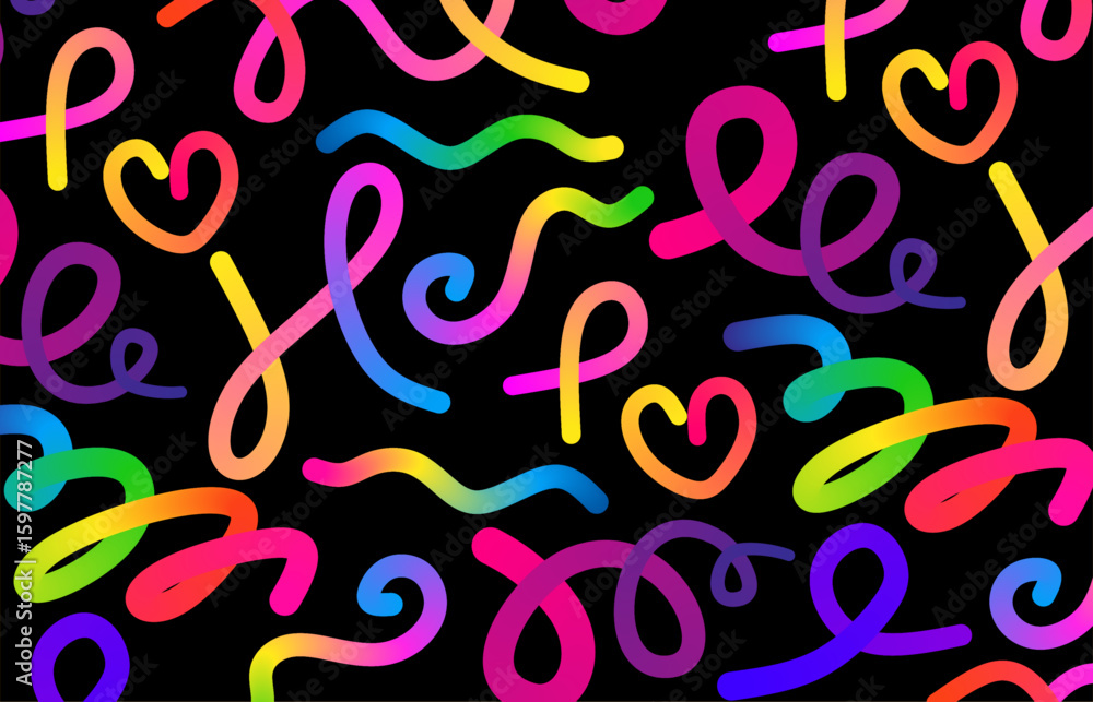 Obraz premium Black background pattern with Colorful Swirl Ribbons Gradient Lines in Motion