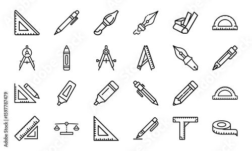 A collection of black and white icon outlines illustrating drafting and measurement tools