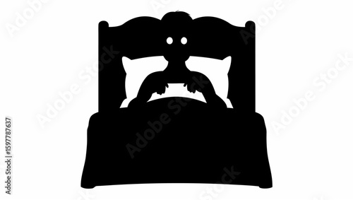 Silhouette of a person sitting up in bed with glowing eyes and hands visible under the covers at night
