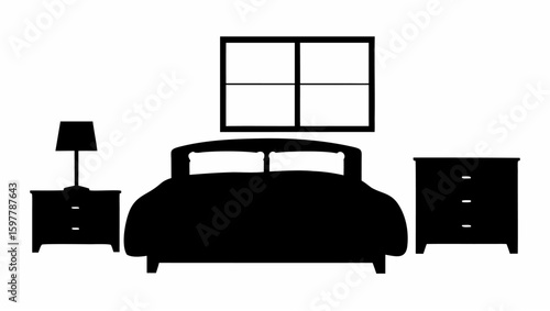 Silhouette of a bedroom interior featuring a bed window nightstand dresser and a lamp creating a simple scene