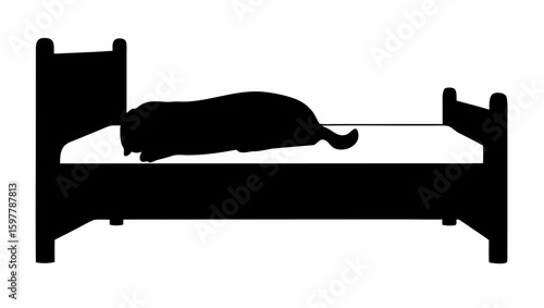 Silhouette of a bed with a blanket and pillows in a simple black and white illustration style image