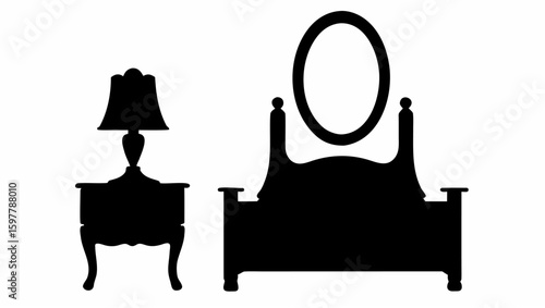 Silhouette illustration of a bed with an oval mirror and a nightstand with a lamp in black and white