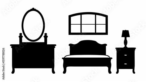Silhouette illustration of bedroom furniture including a dresser mirror bed window and nightstand lamp