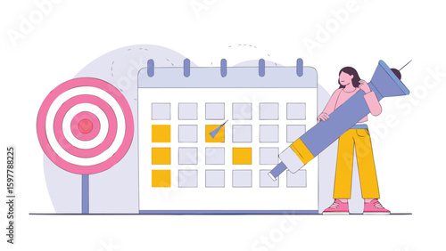 Woman holding large syringe next to calendar with target indicating vaccination schedule planning concept