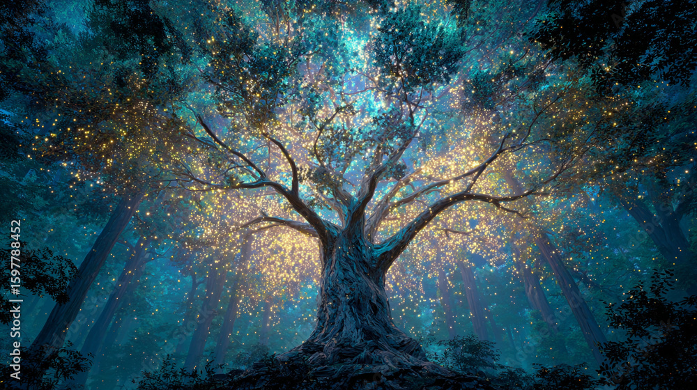 Fototapeta premium A magical tree glowing with light in a dark forest with tall trees and a mystical atmosphere at night