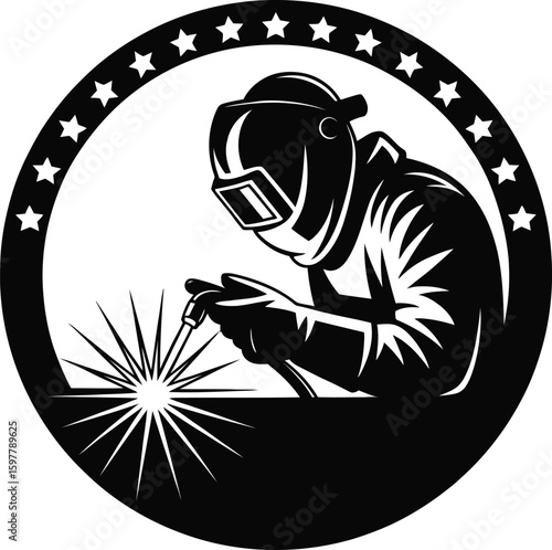 welder with helmet welding torch sparks circle stars icon black white vector illustration isolated