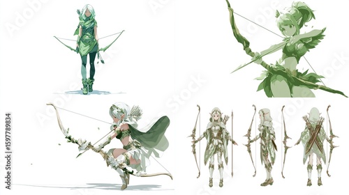 Wallpaper Mural Green-themed character design sketches of a female archer elf with a bow and arrow Torontodigital.ca