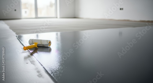 Grey Epoxy Floor with Roller in Bright Room Under Construction