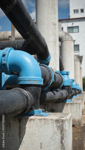 Wallpaper Mural Industrial water system features large black pipes connected with bright blue elbows, fittings. Mounted on concrete supports, pipes extend horizontally across frame, with white industrial building Torontodigital.ca