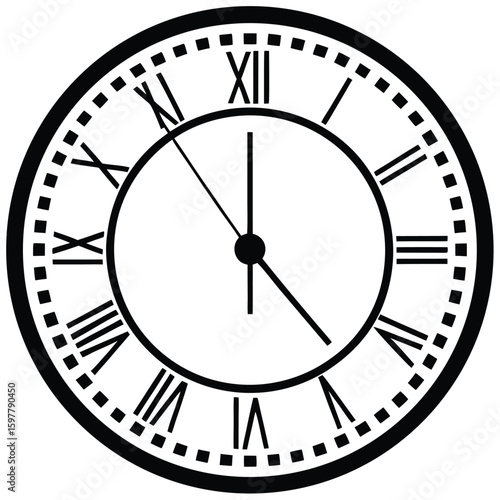 Black and white clock face with Roman numerals time 1