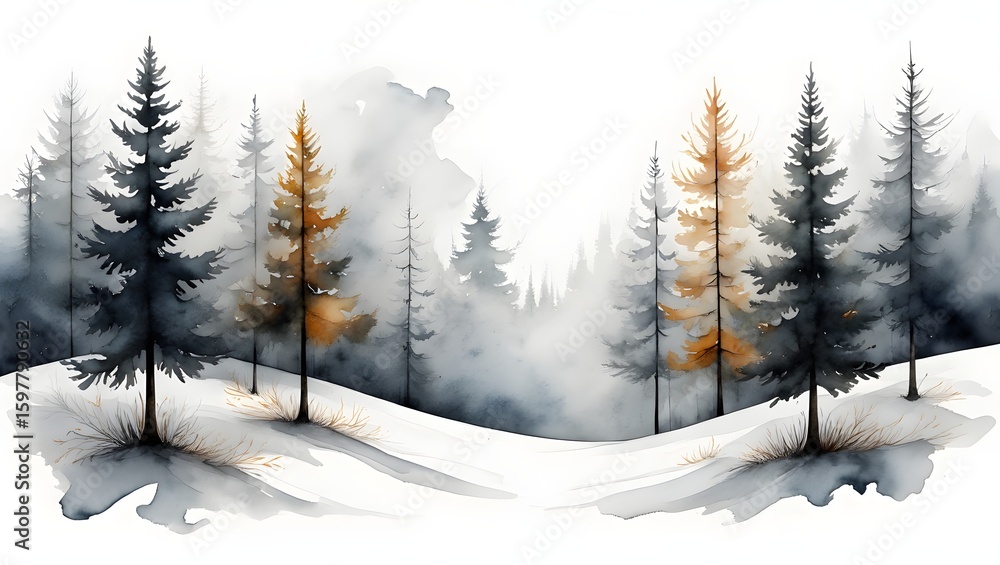 Naklejka premium Watercolor winter forest landscape painting with pine trees and snow covered ground art