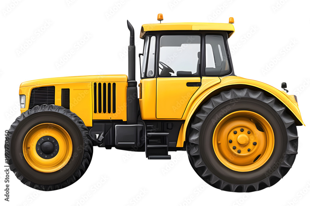 Yellow agricultural tractor with large tires isolated on transparent background Yellow agricultural tractor with large tires isolated on transparent background