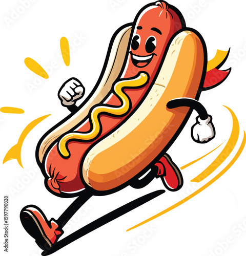 Running hot dog with mustard and ketchup hotdog cartoon Vector illustration EPS download