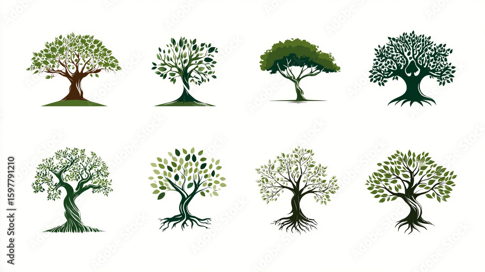 Fototapeta premium Eight tree illustrations with varying styles and leaf densities on a white background display
