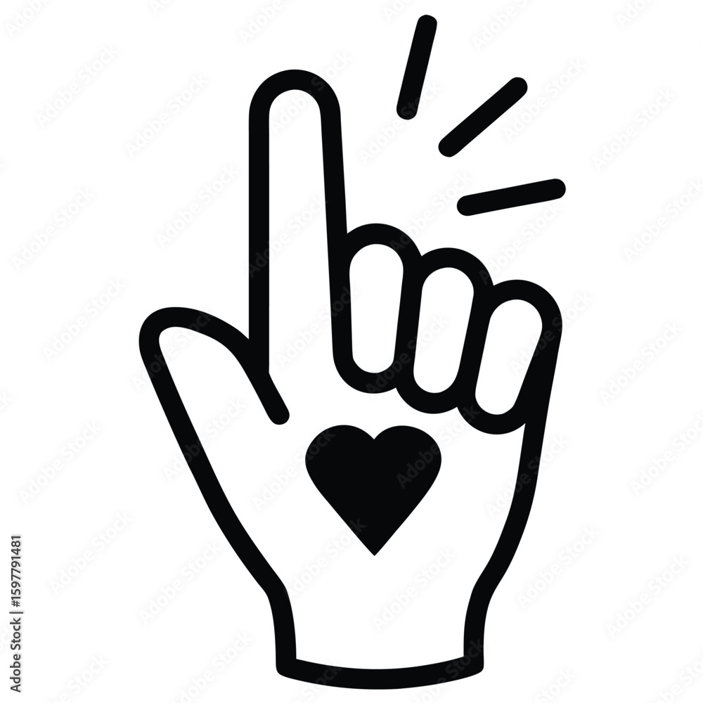 Obraz premium Black line art hand making finger heart gesture with black heart