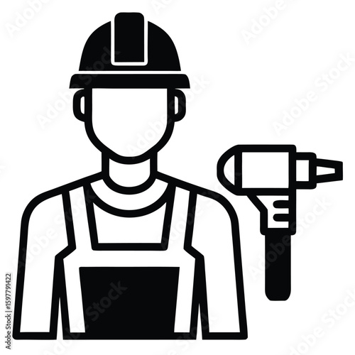 Black line art construction worker with tool builder