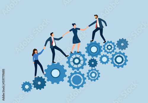 Businesspeople provide support to colleague by helping climb stack of gears, showing commitment to teamwork. Employee support each other to achieve career success