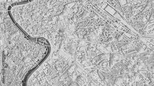 3D render map of Rome cityscape. 3D illustration of a top view of Rome, Italy.