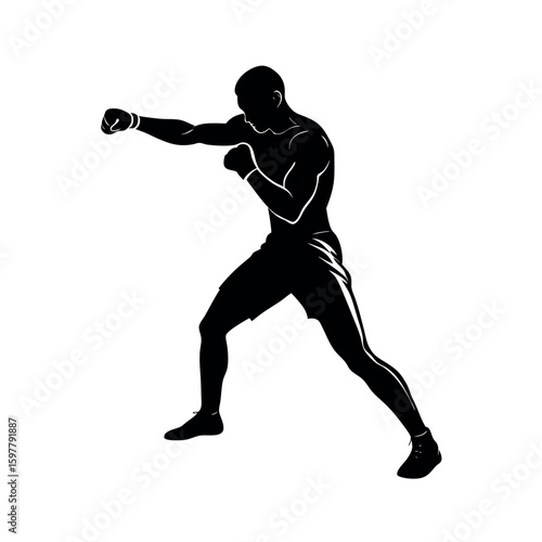 Focused boxer throwing punches in shadowboxing drill silhouette Art Vector illustration