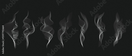 Realistic fire smoke, misty fog, food steam, hot water or cigarette fume and chimney vapor collection. haze and weather element pattern