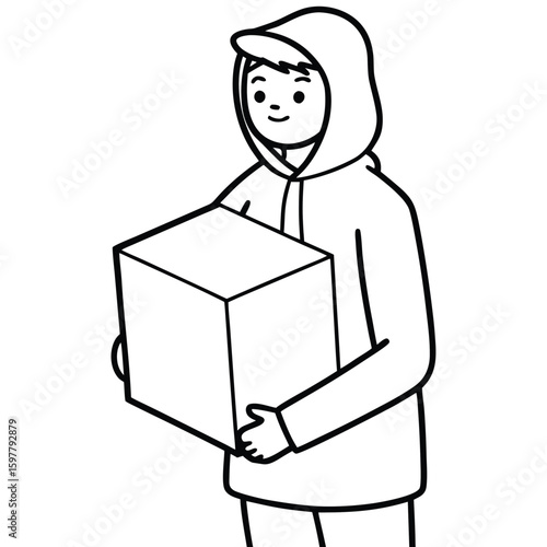 Person in hooded jacket holding a large cardboard box