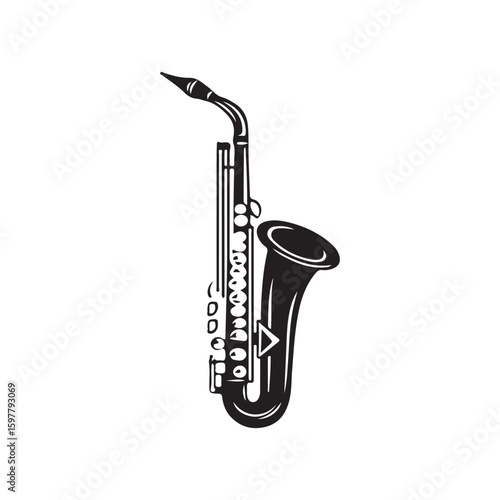 Vector illustration of a saxophone, an iconic wind instrument known for its rich and soulful sound on a white background.