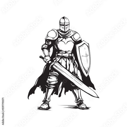 Vector illustration of a warrior in armor, holding a shield and sword isolated on a white background.