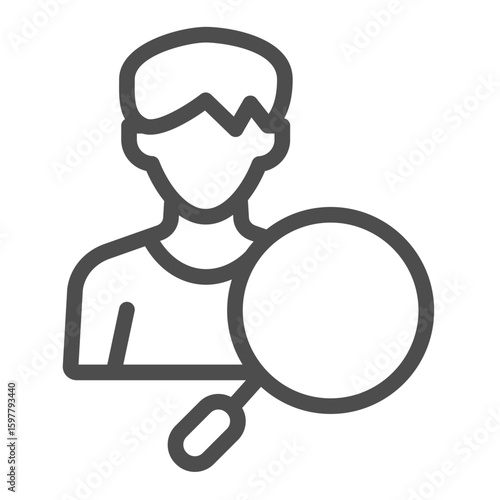 Man with magnifier line icon, recruitment concept. Vector graphics. Young man and magnifying glass, profile sign on white background, outline style icon for mobile or web design.